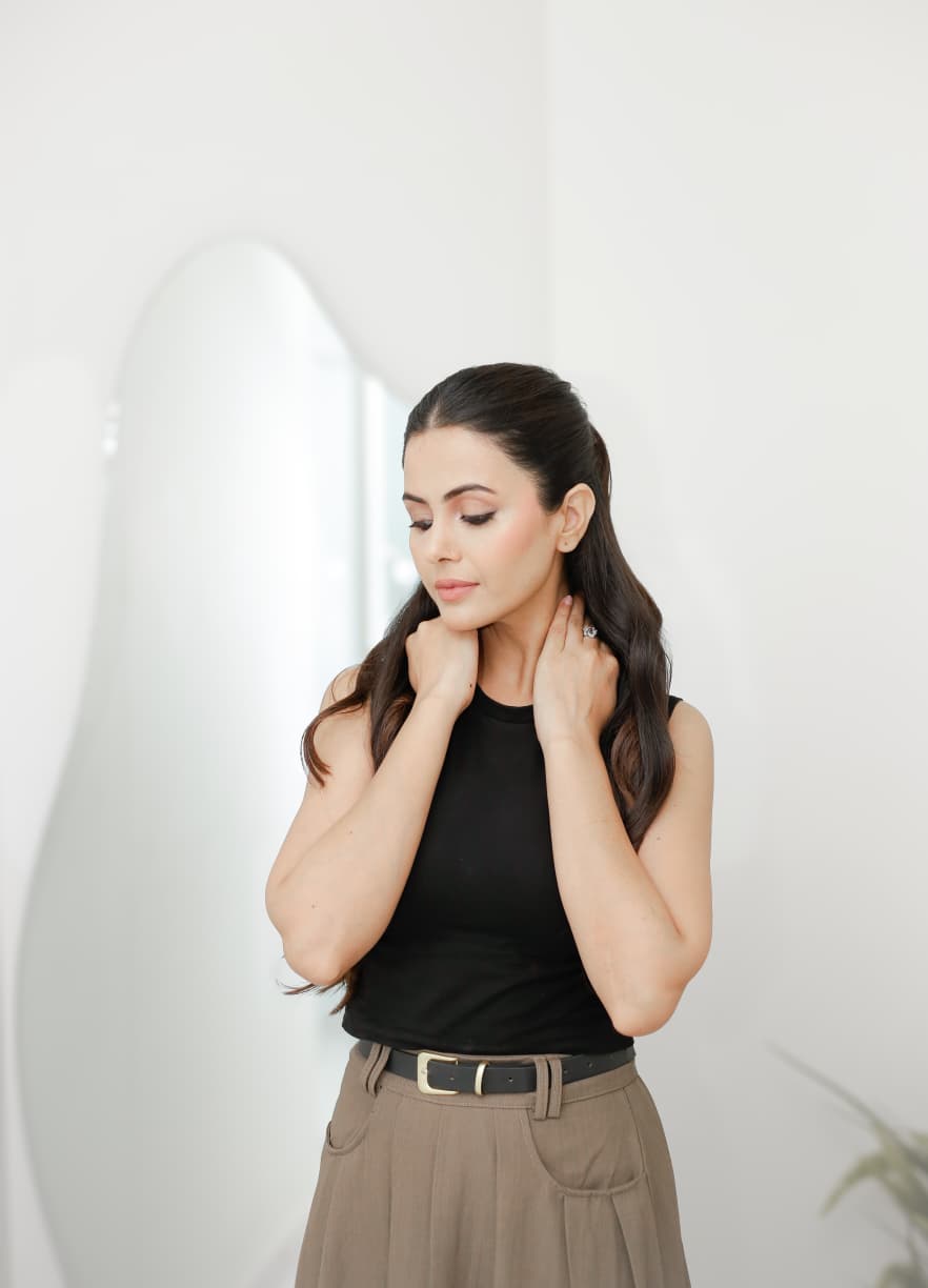 women fashion model studio photo shoot black shirt white bg